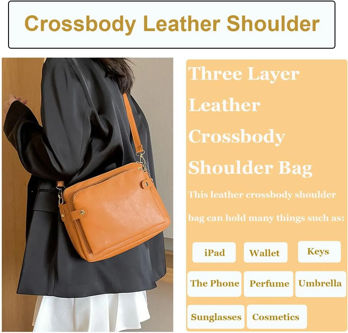 Gpmsign Crossbody Leather Bags For Women, Three Layer Leather Crossbody Shoulder clutches, Adjustable Handbags purses