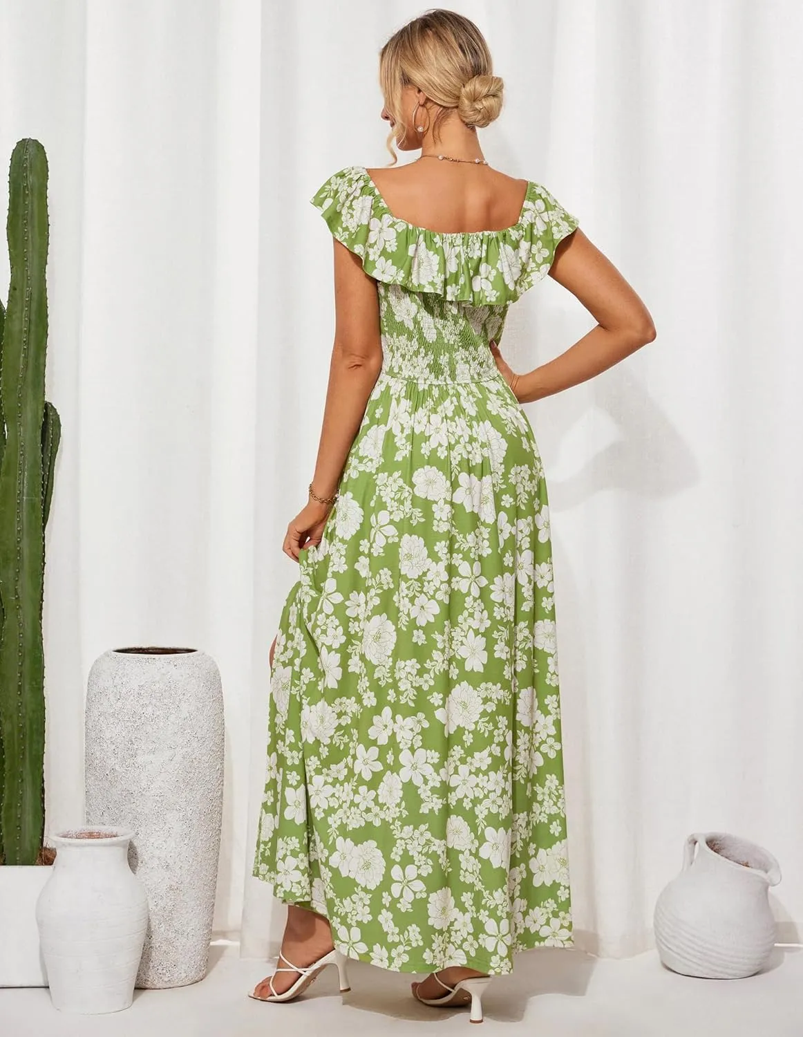 GRACE KARIN 2025 Womens Maxi Dresses Summer Off Shoulder Floral Dress Ruffle Split Beach Flowy Boho Wedding Guest Dress