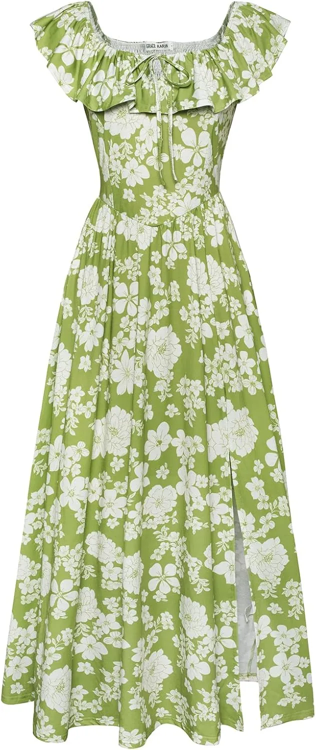 GRACE KARIN 2025 Womens Maxi Dresses Summer Off Shoulder Floral Dress Ruffle Split Beach Flowy Boho Wedding Guest Dress