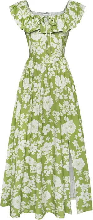 GRACE KARIN 2025 Womens Maxi Dresses Summer Off Shoulder Floral Dress Ruffle Split Beach Flowy Boho Wedding Guest Dress
