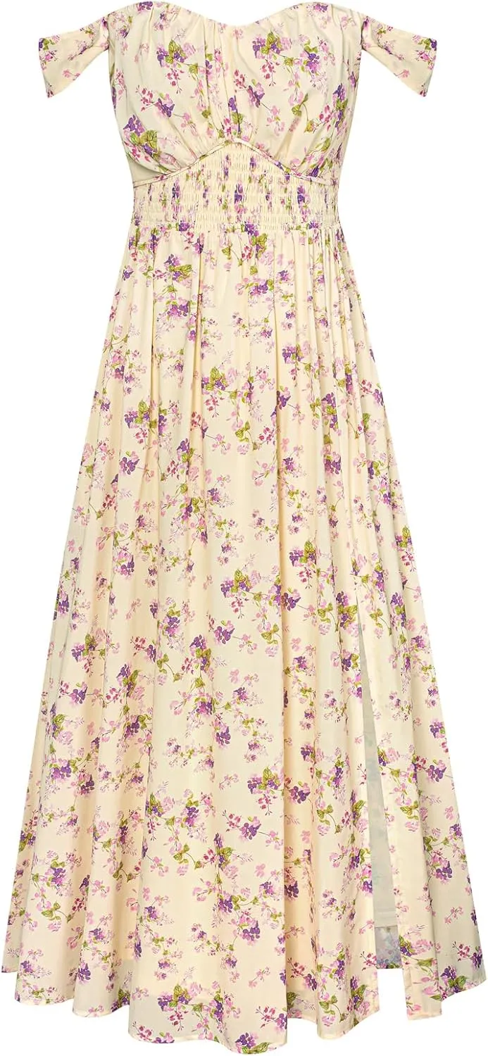 GRACE KARIN 2025 Women's Summer Floral Print Flowy A Line Maxi Dresses Sleeveless Smocked Off Shoulder Dress