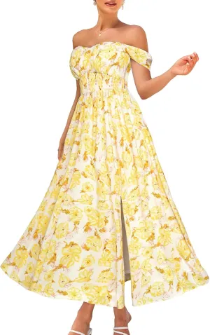 GRACE KARIN 2025 Women's Summer Floral Print Flowy A Line Maxi Dresses Sleeveless Smocked Off Shoulder Dress