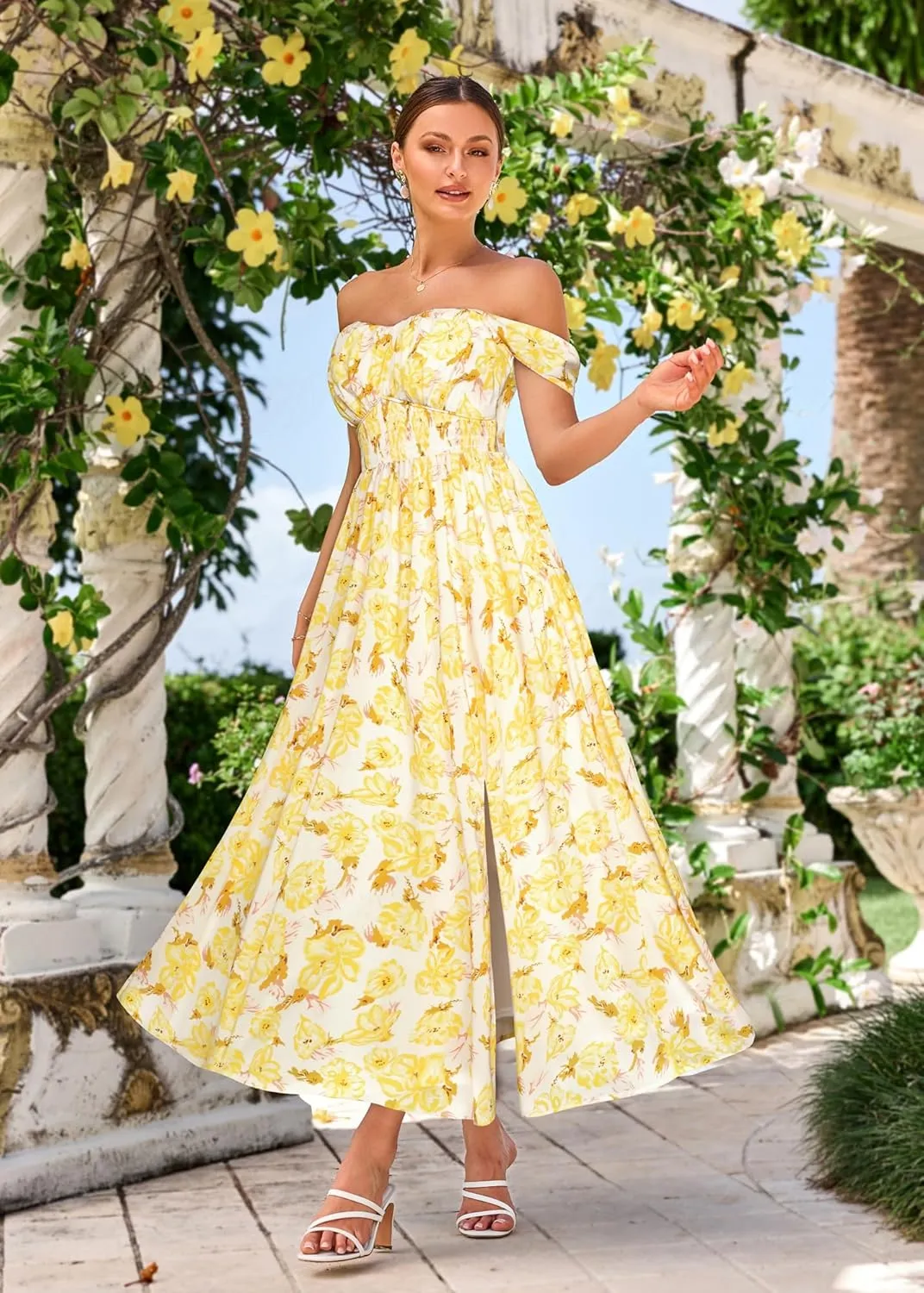 GRACE KARIN 2025 Women's Summer Floral Print Flowy A Line Maxi Dresses Sleeveless Smocked Off Shoulder Dress