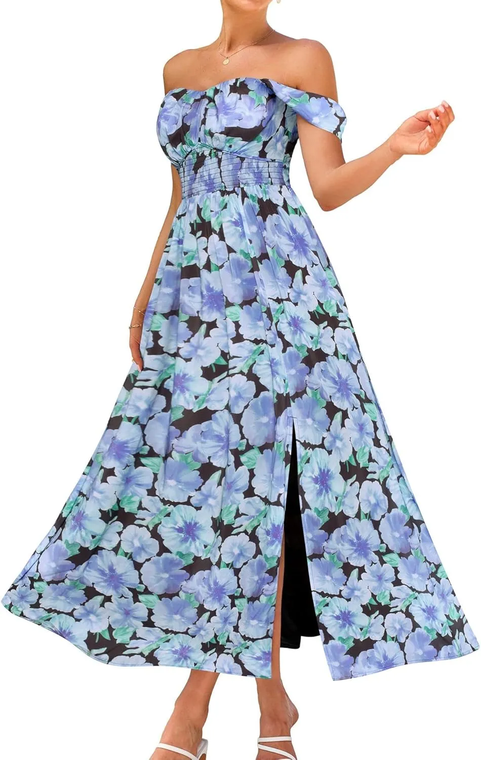 GRACE KARIN 2025 Women's Summer Floral Print Flowy A Line Maxi Dresses Sleeveless Smocked Off Shoulder Dress