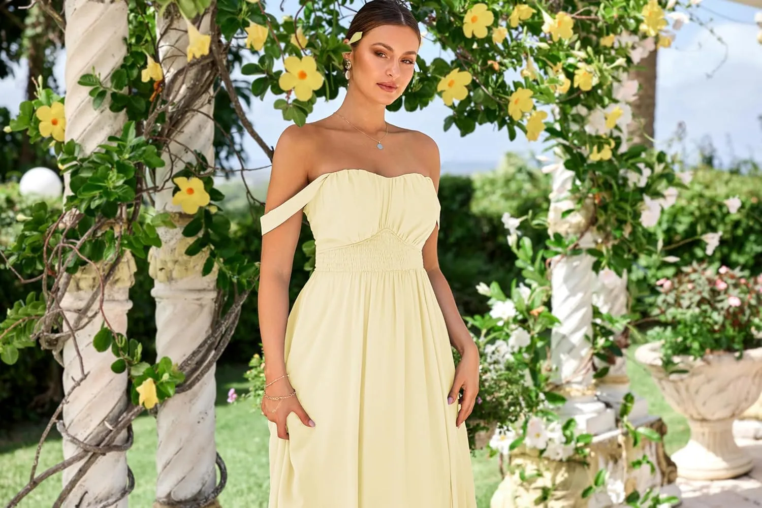 GRACE KARIN 2025 Women's Summer Floral Print Flowy A Line Maxi Dresses Sleeveless Smocked Off Shoulder Dress