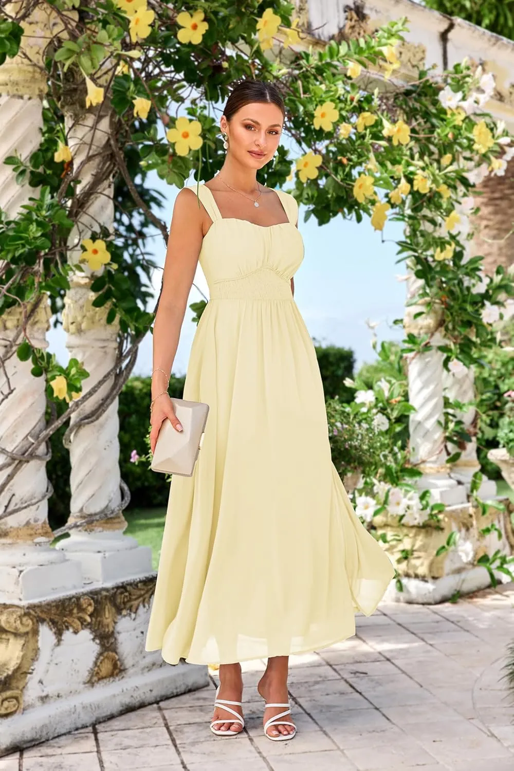 GRACE KARIN 2025 Women's Summer Floral Print Flowy A Line Maxi Dresses Sleeveless Smocked Off Shoulder Dress