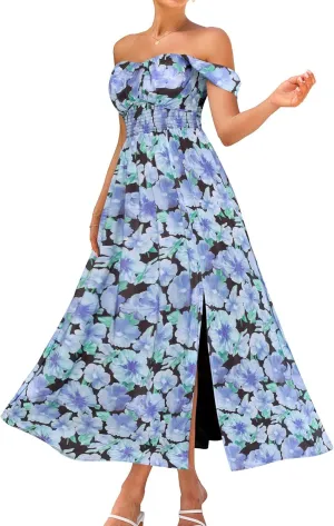 GRACE KARIN 2025 Women's Summer Floral Print Flowy A Line Maxi Dresses Sleeveless Smocked Off Shoulder Dress
