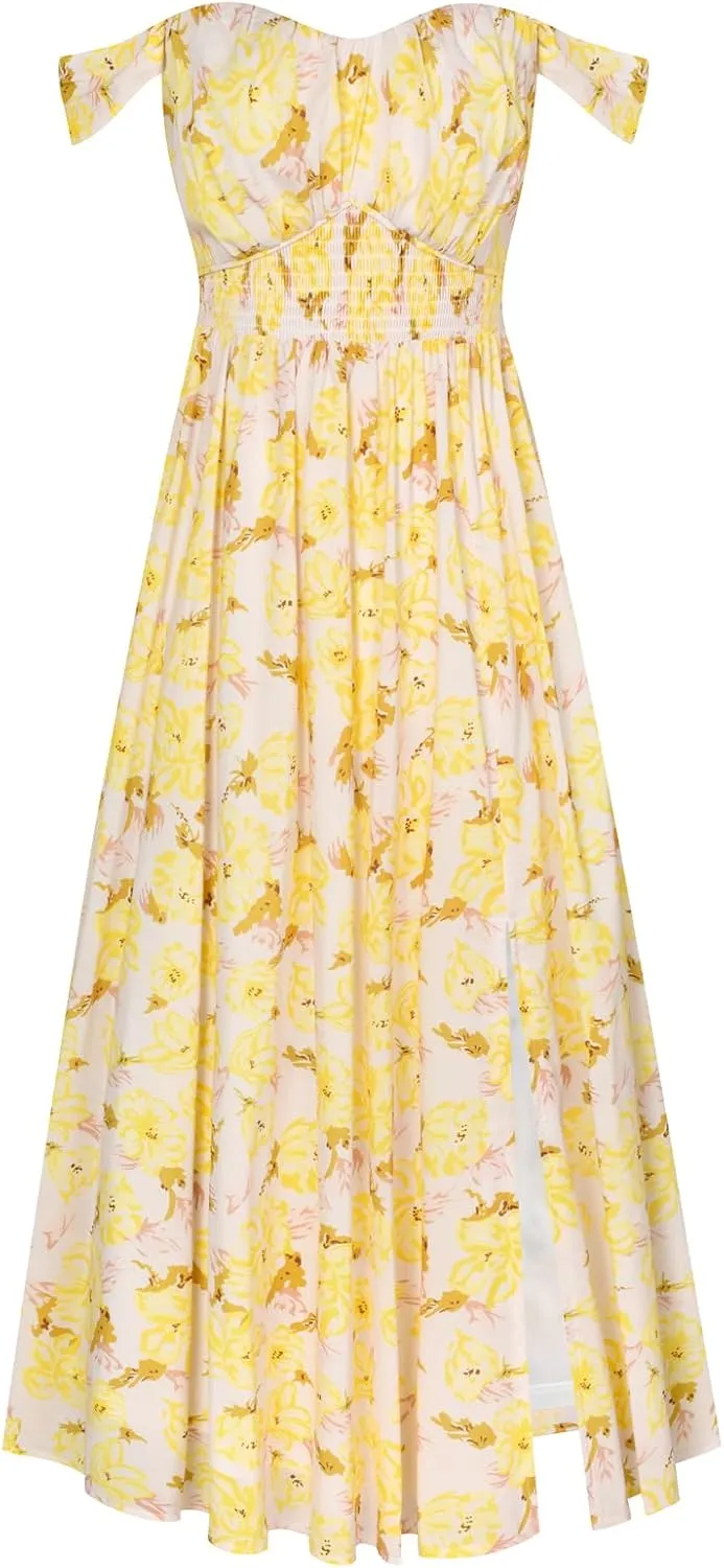 GRACE KARIN 2025 Women's Summer Floral Print Flowy A Line Maxi Dresses Sleeveless Smocked Off Shoulder Dress