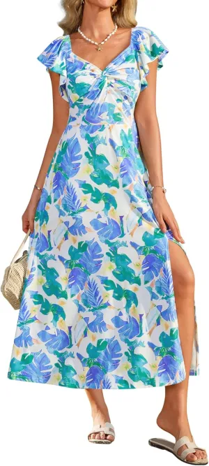 GRACE KARIN Women Summer Floral Dress Flutter Short Sleeve Casual Split Flowy Vacation Beach Midi Long Dresses
