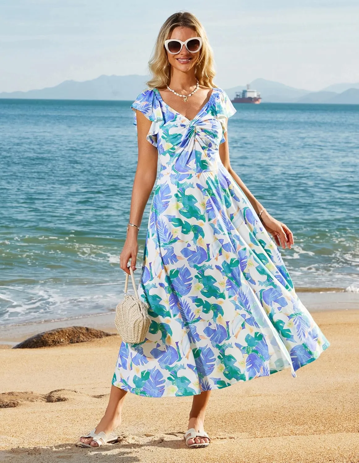 GRACE KARIN Women Summer Floral Dress Flutter Short Sleeve Casual Split Flowy Vacation Beach Midi Long Dresses