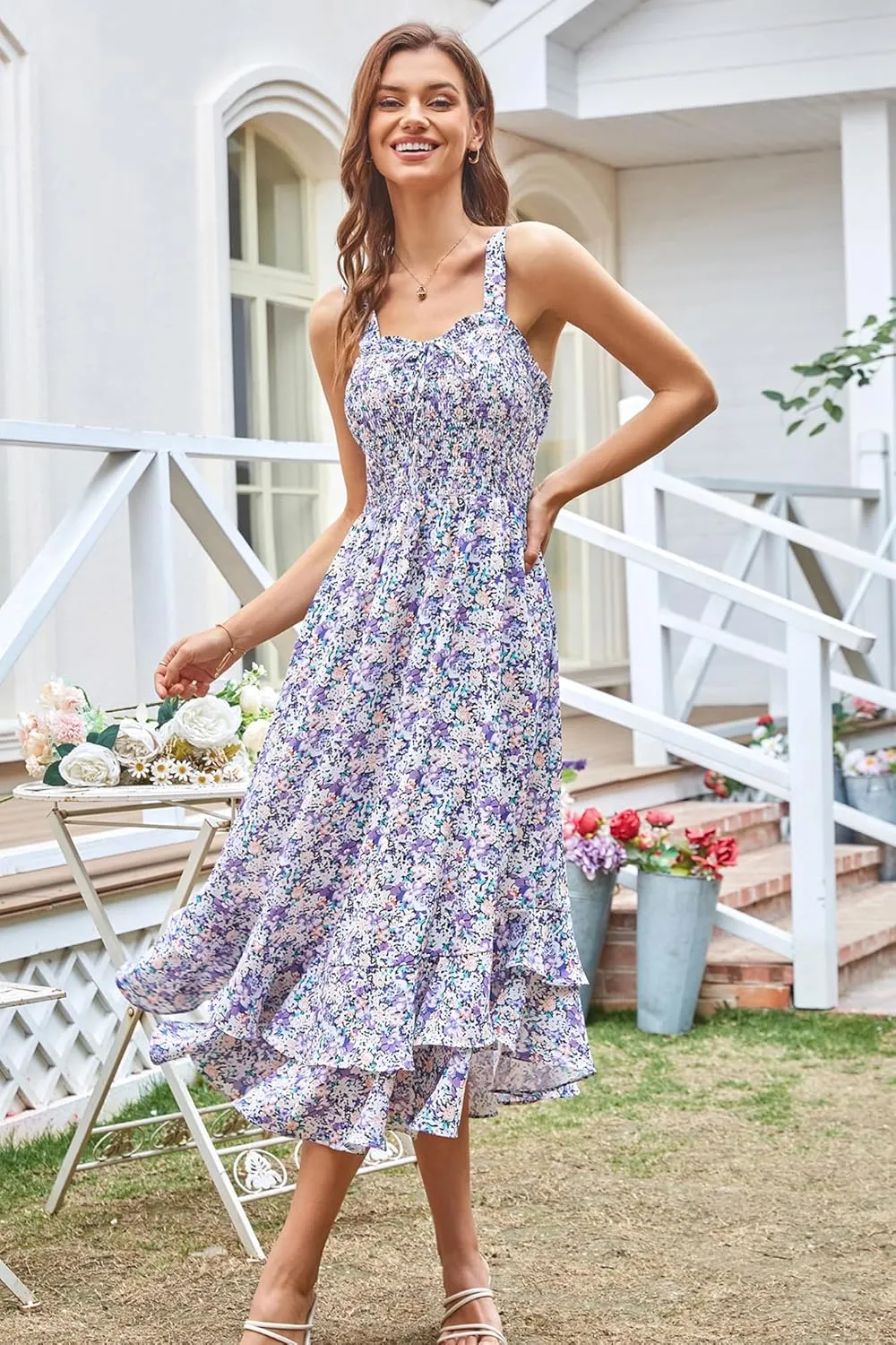 GRACE KARIN Women's 2025 Summer Floral Boho Dress Square Neck Strapped Swing A Line Sundress Beach Long Maxi Outfits