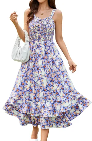 GRACE KARIN Women's 2025 Summer Floral Boho Dress Square Neck Strapped Swing A Line Sundress Beach Long Maxi Outfits