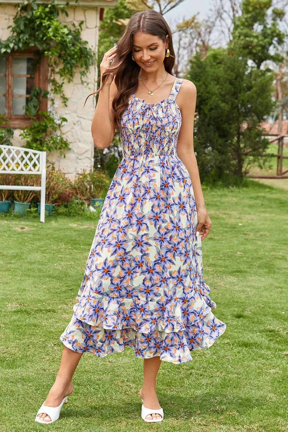GRACE KARIN Women's 2025 Summer Floral Boho Dress Square Neck Strapped Swing A Line Sundress Beach Long Maxi Outfits