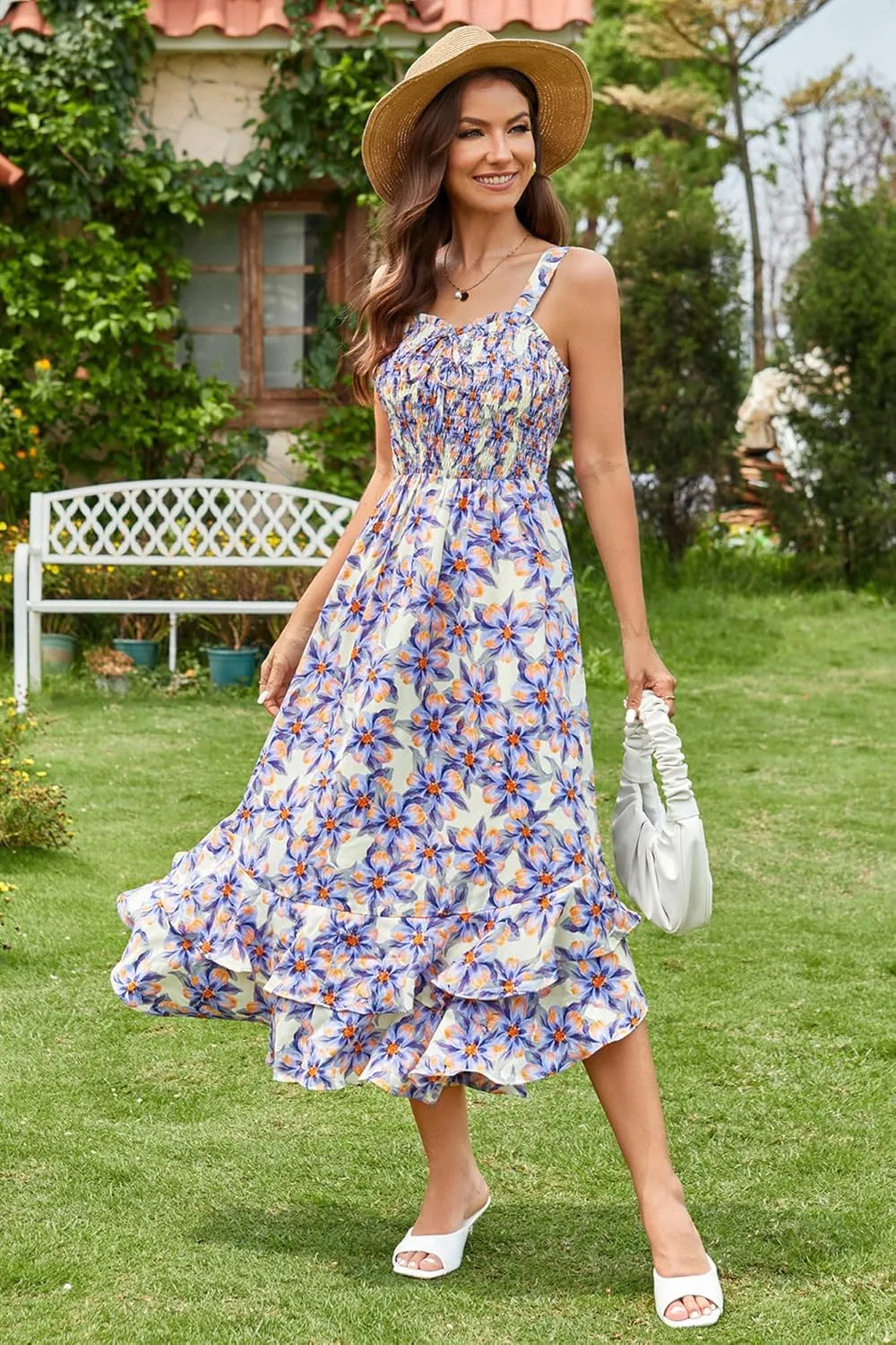 GRACE KARIN Women's 2025 Summer Floral Boho Dress Square Neck Strapped Swing A Line Sundress Beach Long Maxi Outfits