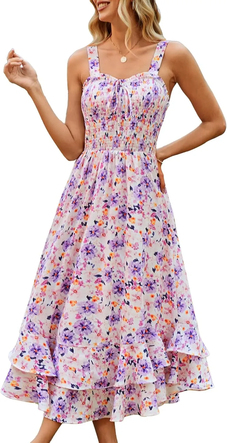 GRACE KARIN Women's 2025 Summer Floral Boho Dress Square Neck Strapped Swing A Line Sundress Beach Long Maxi Outfits