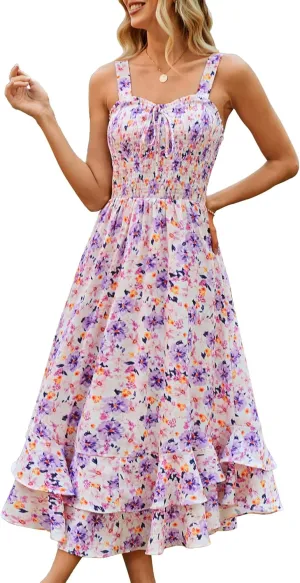 GRACE KARIN Women's 2025 Summer Floral Boho Dress Square Neck Strapped Swing A Line Sundress Beach Long Maxi Outfits