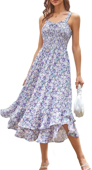 GRACE KARIN Women's 2025 Summer Floral Boho Dress Square Neck Strapped Swing A Line Sundress Beach Long Maxi Outfits