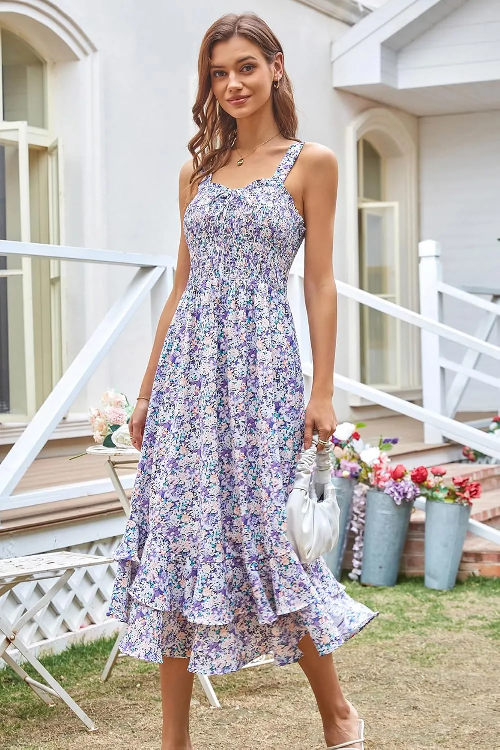 GRACE KARIN Women's 2025 Summer Floral Boho Dress Square Neck Strapped Swing A Line Sundress Beach Long Maxi Outfits