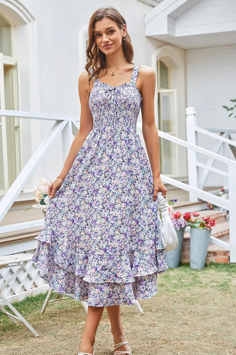 GRACE KARIN Women's 2025 Summer Floral Boho Dress Square Neck Strapped Swing A Line Sundress Beach Long Maxi Outfits