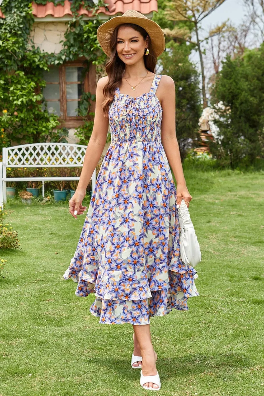 GRACE KARIN Women's 2025 Summer Floral Boho Dress Square Neck Strapped Swing A Line Sundress Beach Long Maxi Outfits