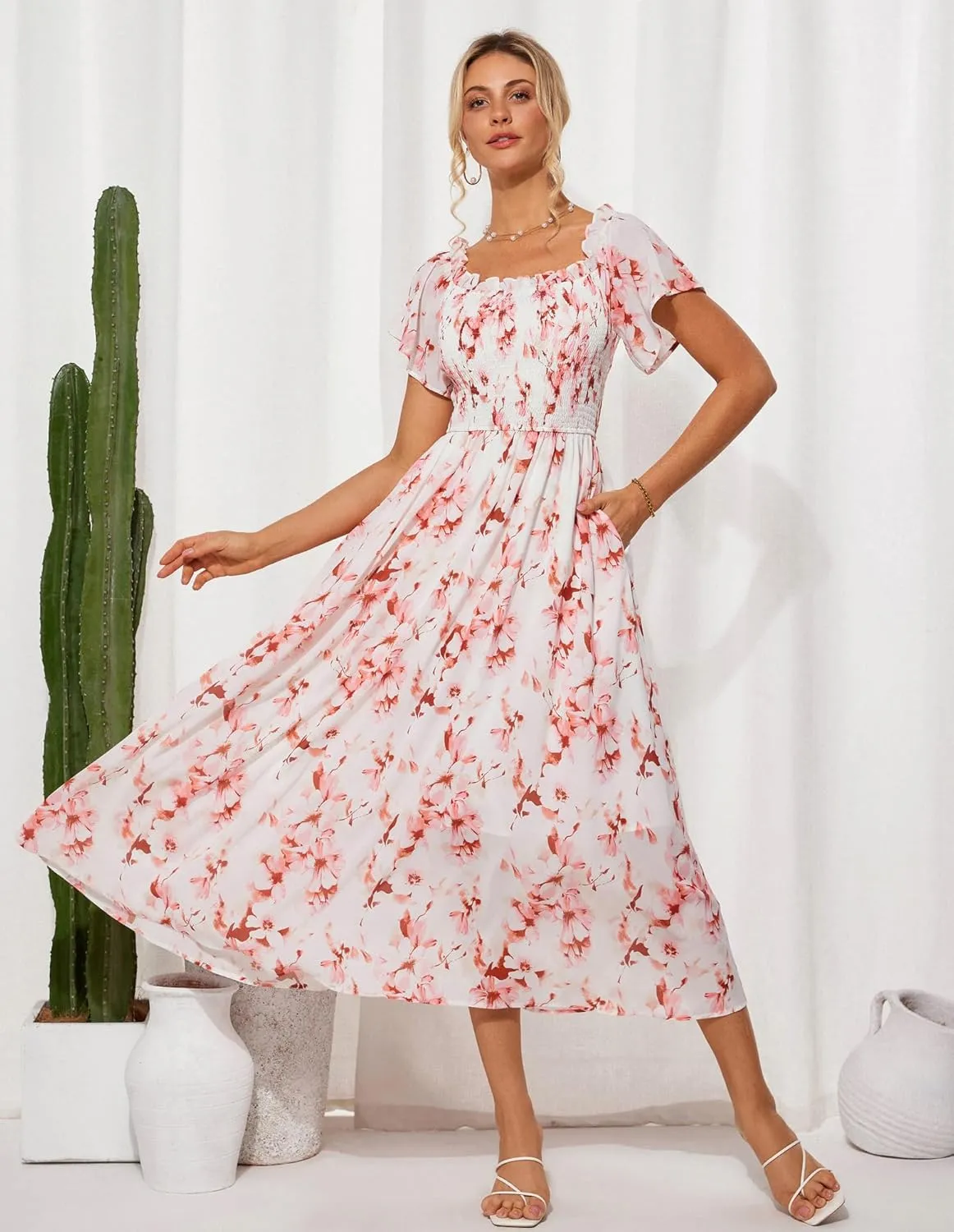 GRACE KARIN Women's 2025 Summer Floral Smocked Off Shoulder Flowy A Line Maxi Dresses Formal Wedding Guest Dress with Pockets