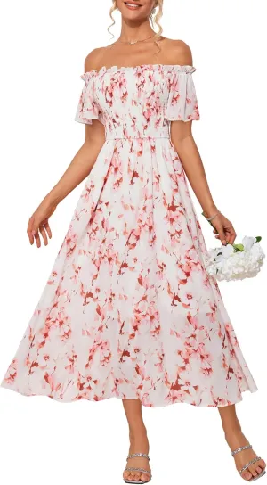 GRACE KARIN Women's 2025 Summer Floral Smocked Off Shoulder Flowy A Line Maxi Dresses Formal Wedding Guest Dress with Pockets