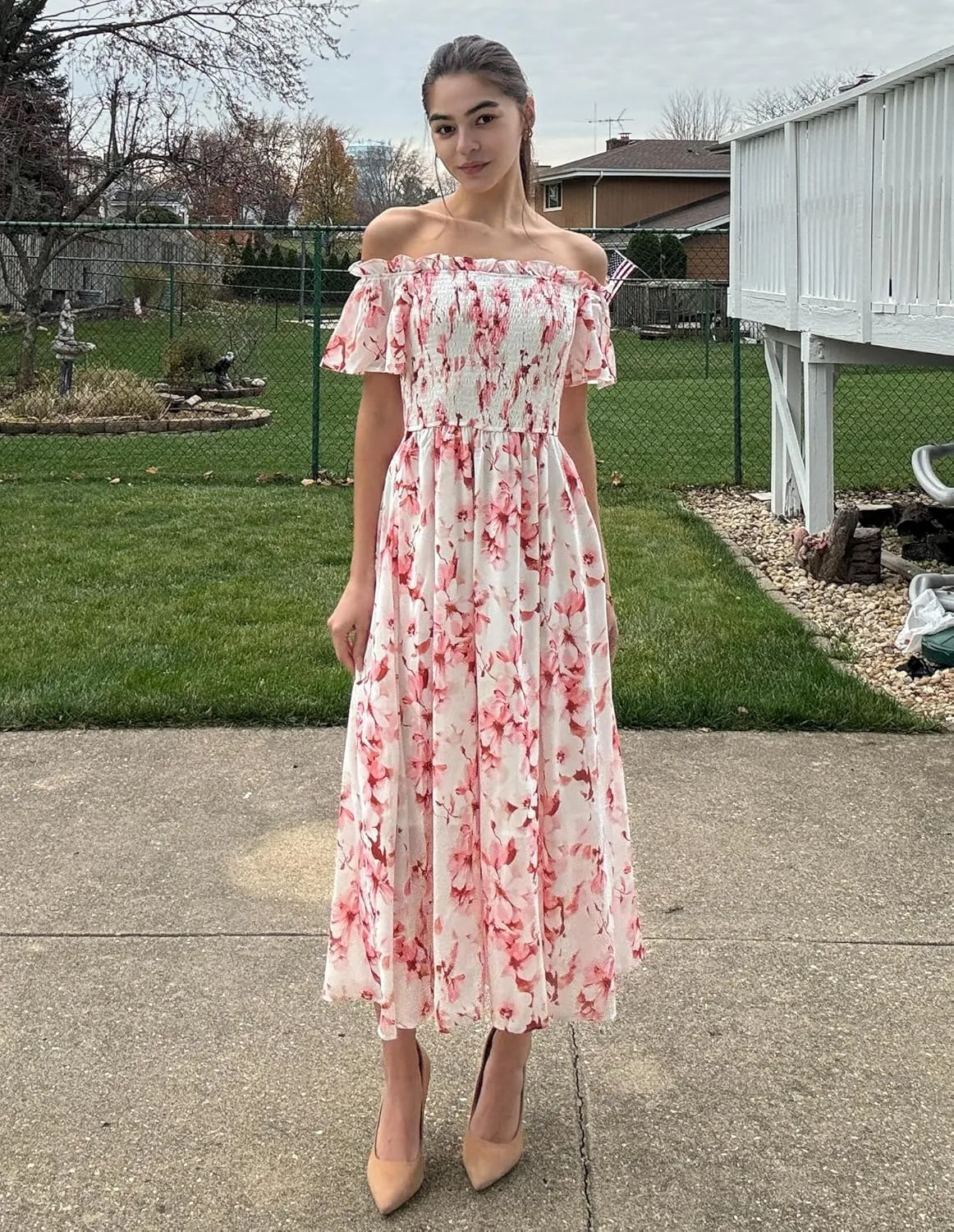 GRACE KARIN Women's 2025 Summer Floral Smocked Off Shoulder Flowy A Line Maxi Dresses Formal Wedding Guest Dress with Pockets