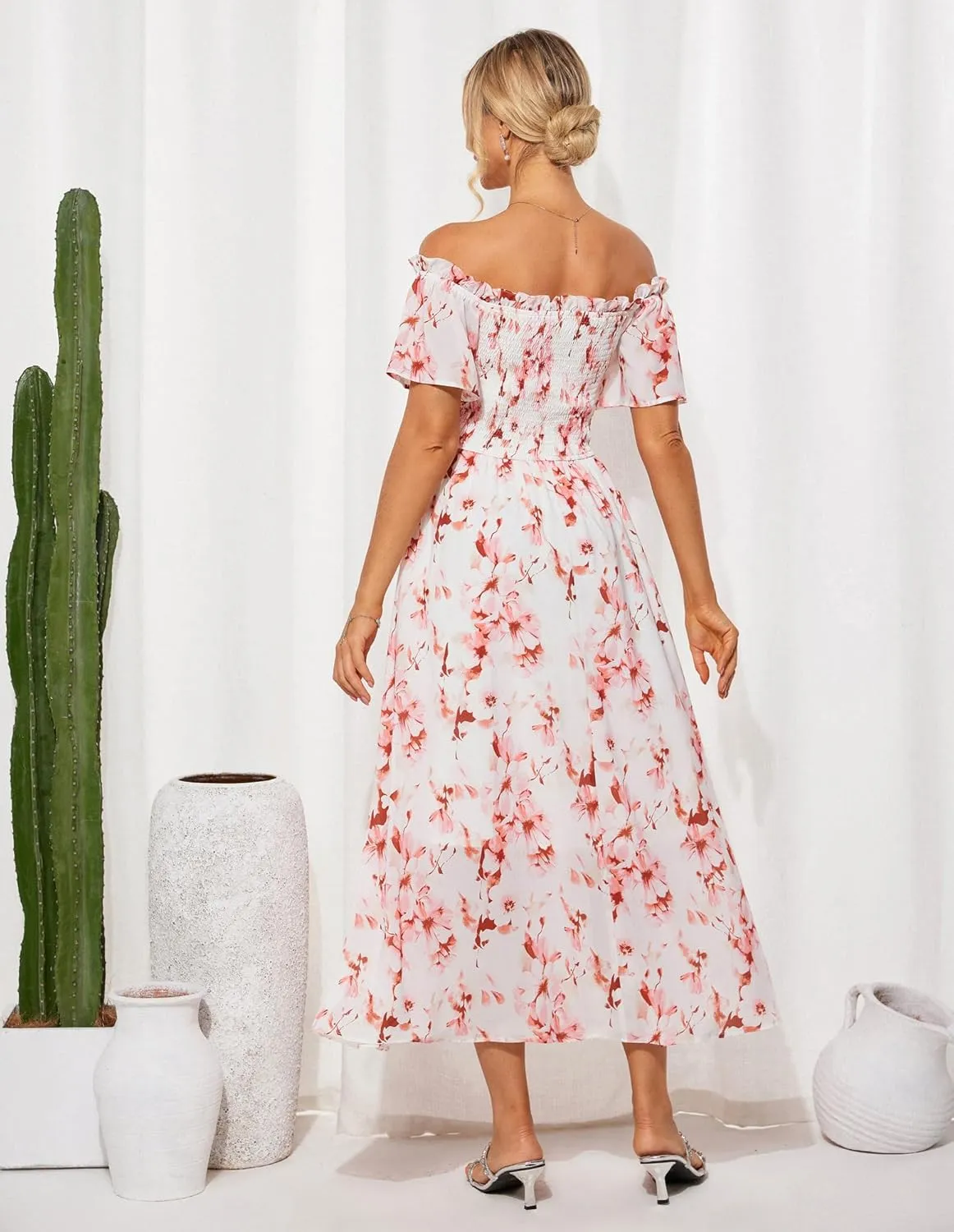 GRACE KARIN Women's 2025 Summer Floral Smocked Off Shoulder Flowy A Line Maxi Dresses Formal Wedding Guest Dress with Pockets