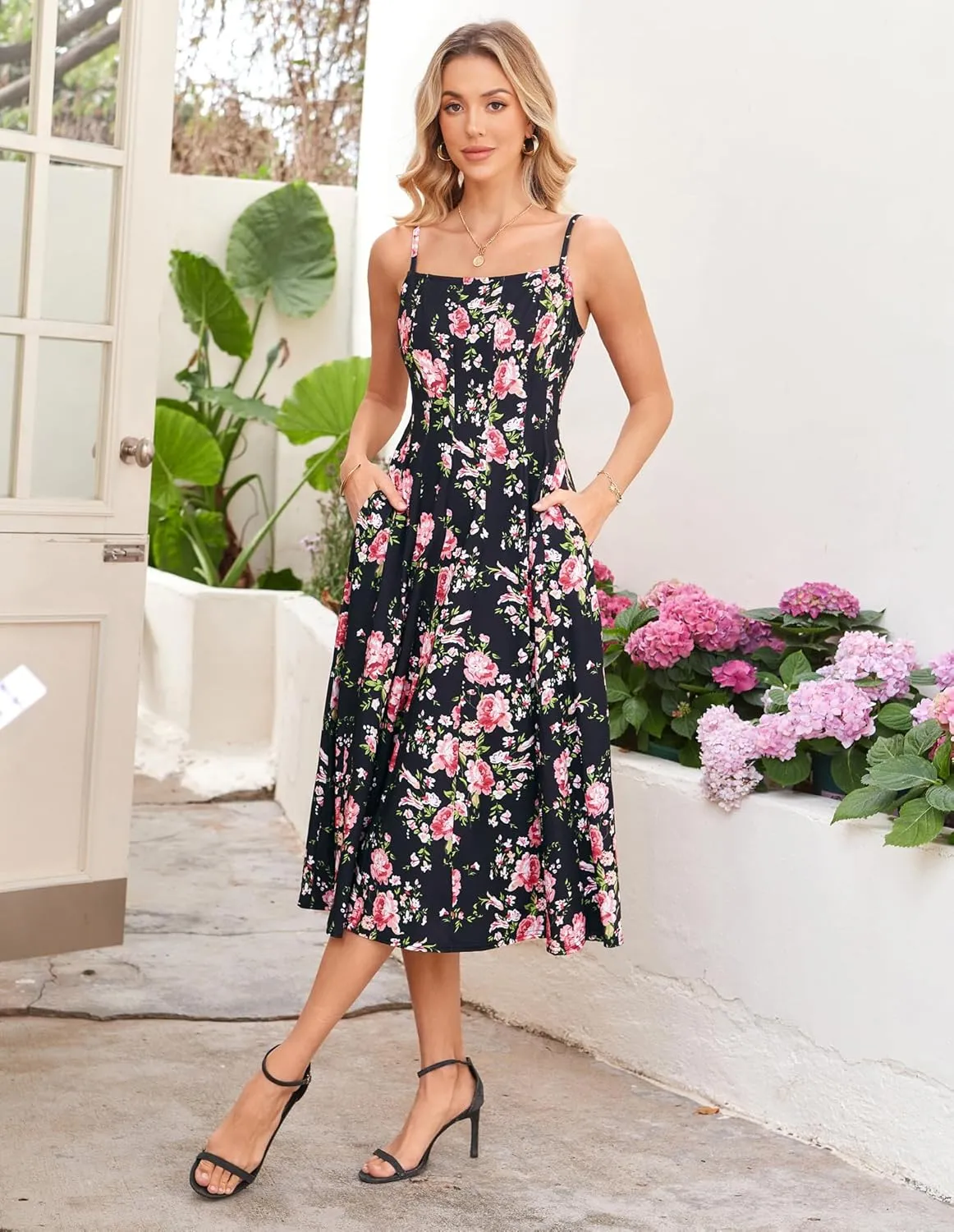 GRACE KARIN Women's Summer Floral Wedding Guest Dress Boho Beach Casual Formal Dresses A Line Sleeveless Dress with Pockets