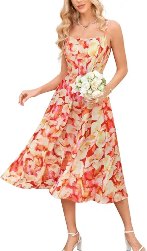 GRACE KARIN Women's Summer Floral Wedding Guest Dress Boho Beach Casual Formal Dresses A Line Sleeveless Dress with Pockets