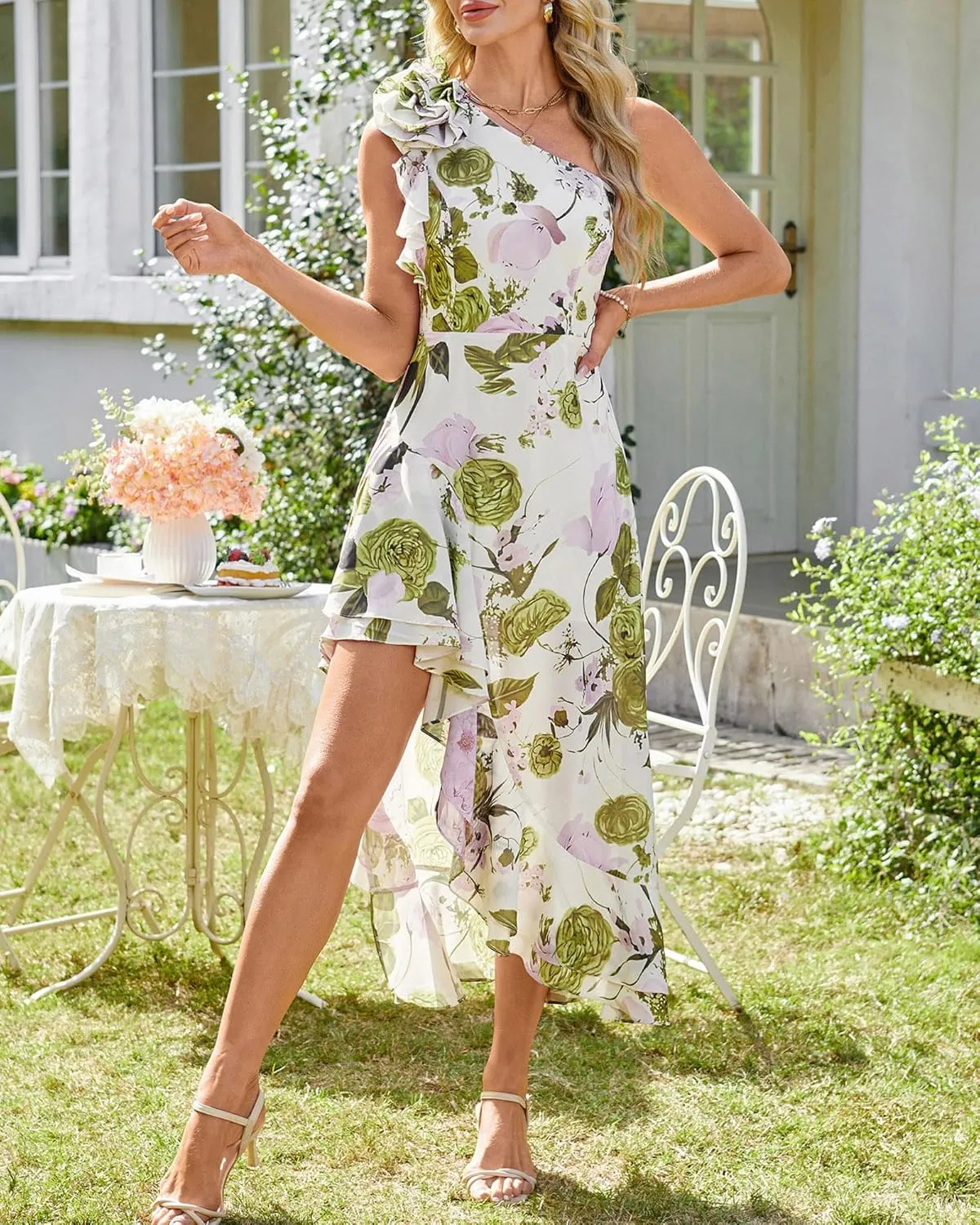 GRACE KARIN Womens Summer One Shoulder Sleeveless Dresses Floral Flowy Ruffle High Low Wedding Guest Maxi Sundresses
