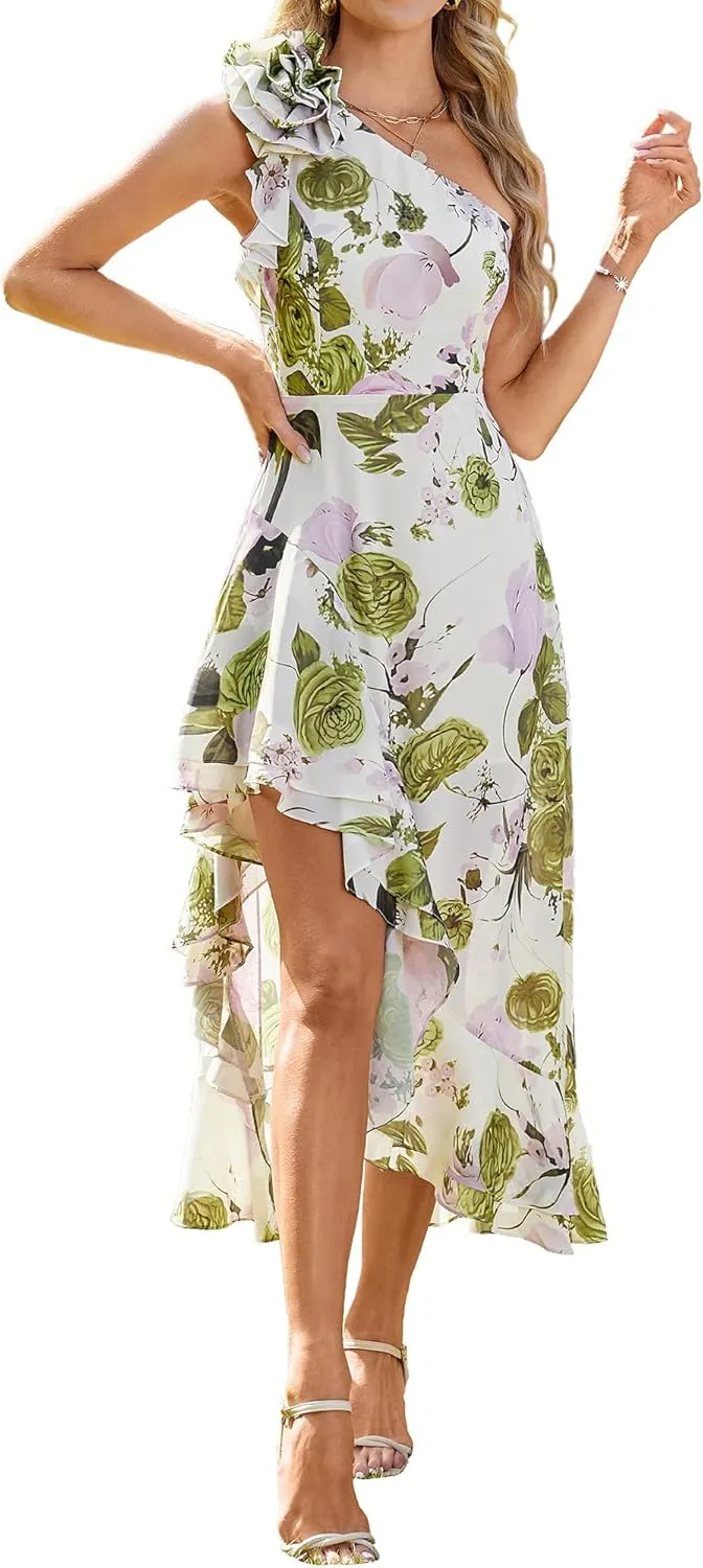 GRACE KARIN Womens Summer One Shoulder Sleeveless Dresses Floral Flowy Ruffle High Low Wedding Guest Maxi Sundresses