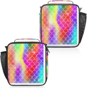 Gradient Color Mermaid Scales Insulated Lunch Box, Reusable Cooler Tote Lunch Bags for Men Women, Portable Leakproof Square Meal Bag for Work Travel Picnic Hiking Daytrip