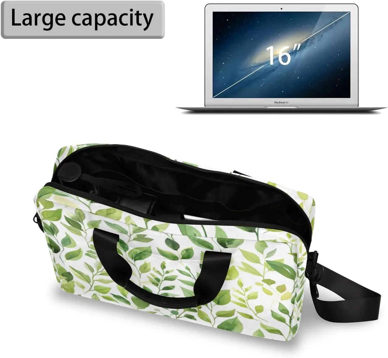 Green Cute Floral Laptop Sleeve Case 14 15 15.6 inch, Green Cute Floral Laptop Briefcase Shoulder Bag Waterproof Travel Computer Cover Carrying Bags