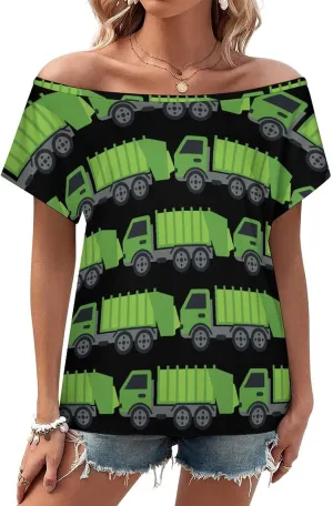Green Garbage Truck Women's Off Shoulder Tops Casual Shirt Tunics Short Sleeve Tees