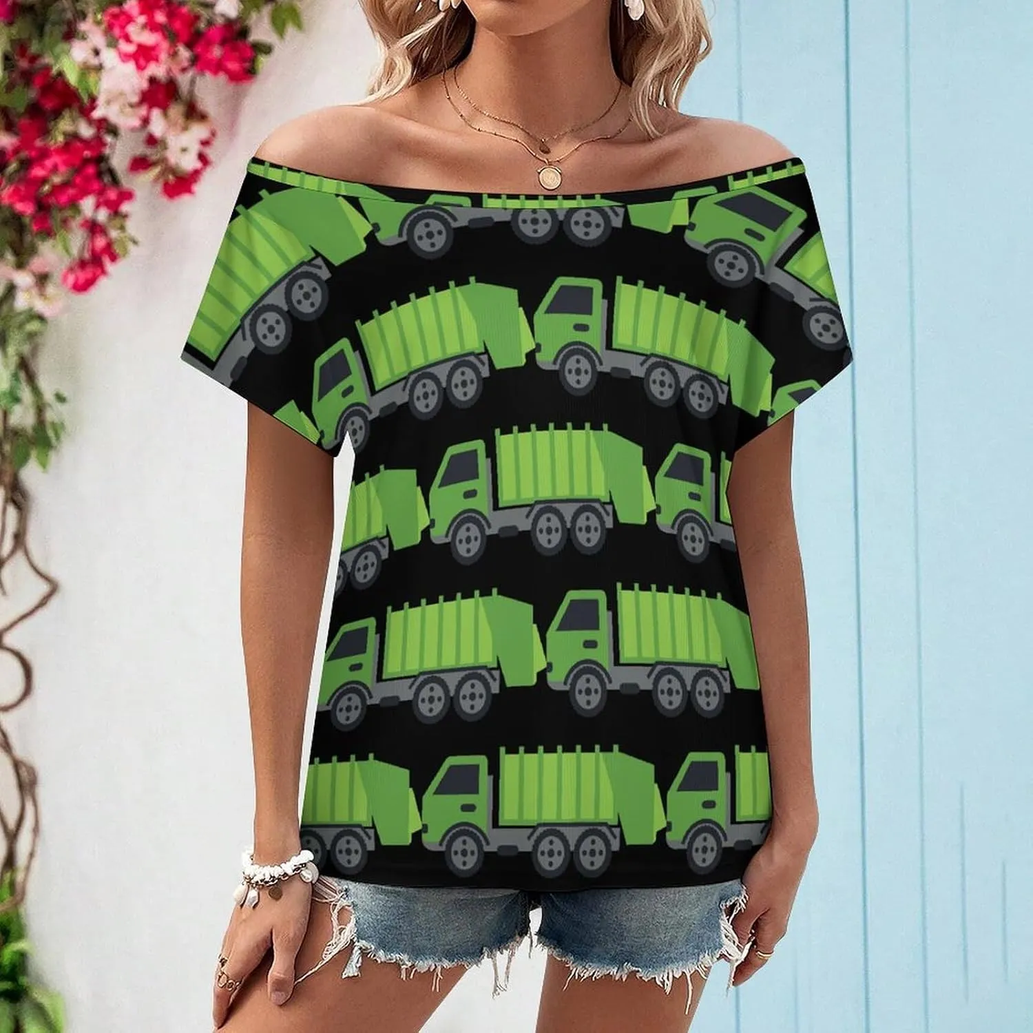 Green Garbage Truck Women's Off Shoulder Tops Casual Shirt Tunics Short Sleeve Tees