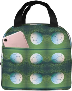 Green Soccer Ball On Grassy Print Lunch Box Reusable Totes Lunch Bag Thermal Cooler For Men Women Beach Picnic Travel