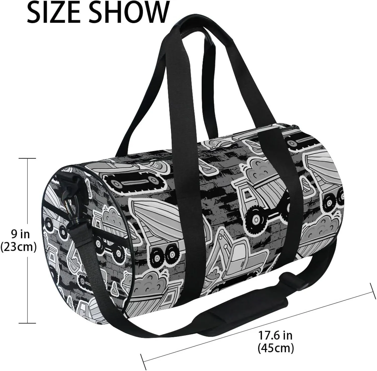Grey Construction Machinery with Truck Crane and Bulldozer on Grey Duffel Bag, Foldable Canvas Travel Tote for Gym Sports with Inner Pockets, Durable Lightweight Fitness Bag for Overnight Workout