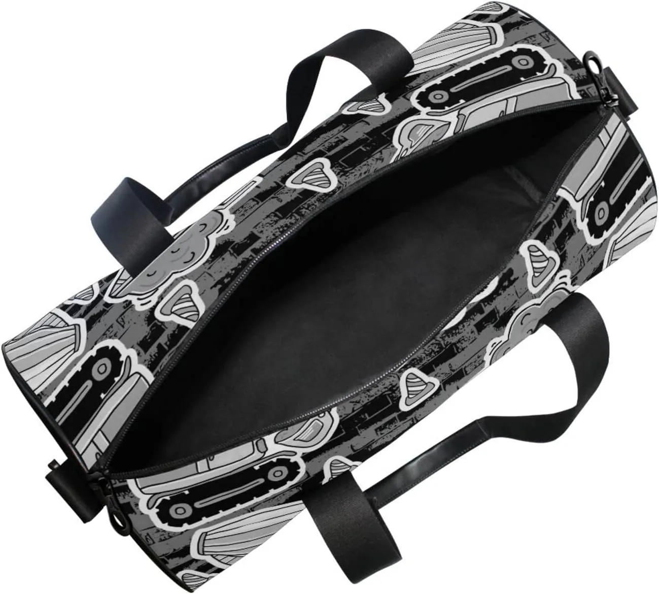 Grey Construction Machinery with Truck Crane and Bulldozer on Grey Duffel Bag, Foldable Canvas Travel Tote for Gym Sports with Inner Pockets, Durable Lightweight Fitness Bag for Overnight Workout