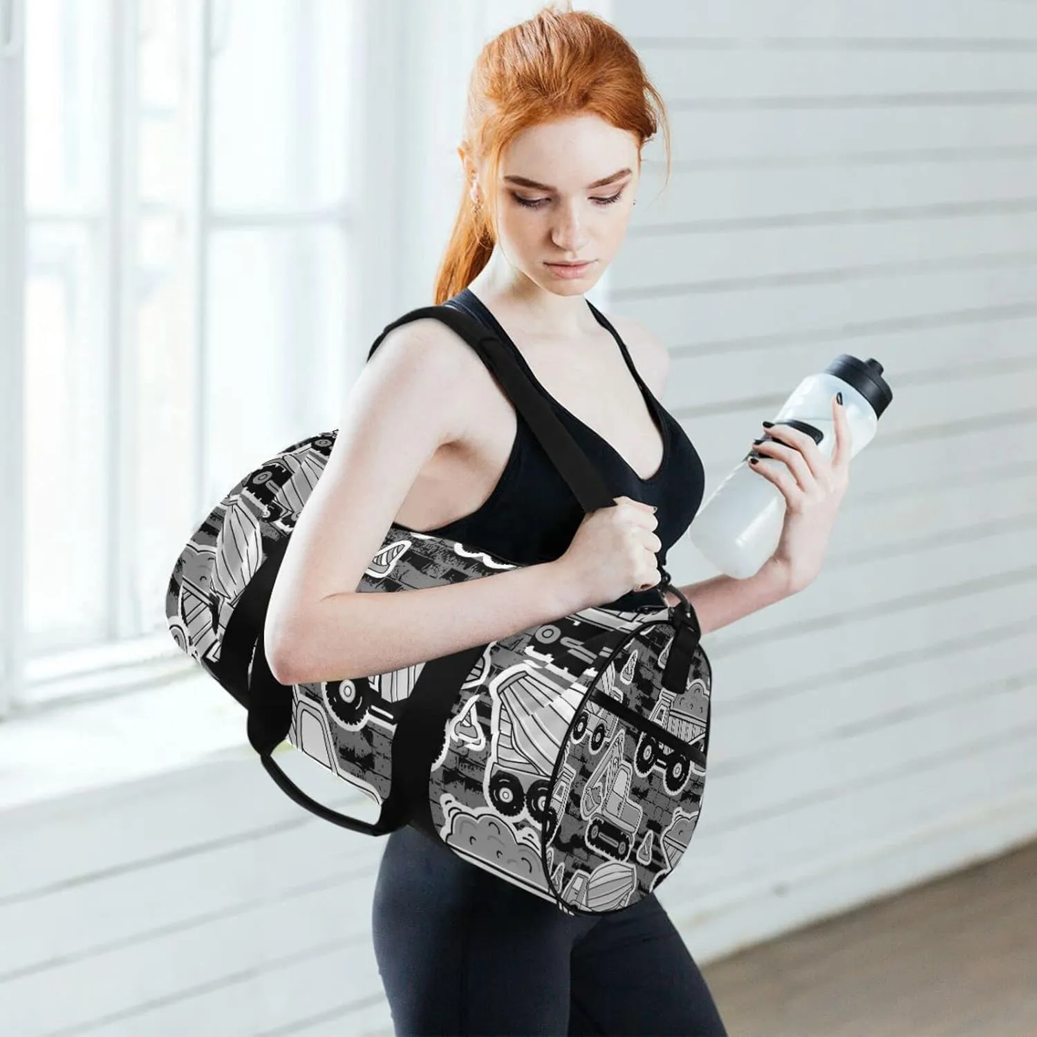 Grey Construction Machinery with Truck Crane and Bulldozer on Grey Duffel Bag, Foldable Canvas Travel Tote for Gym Sports with Inner Pockets, Durable Lightweight Fitness Bag for Overnight Workout