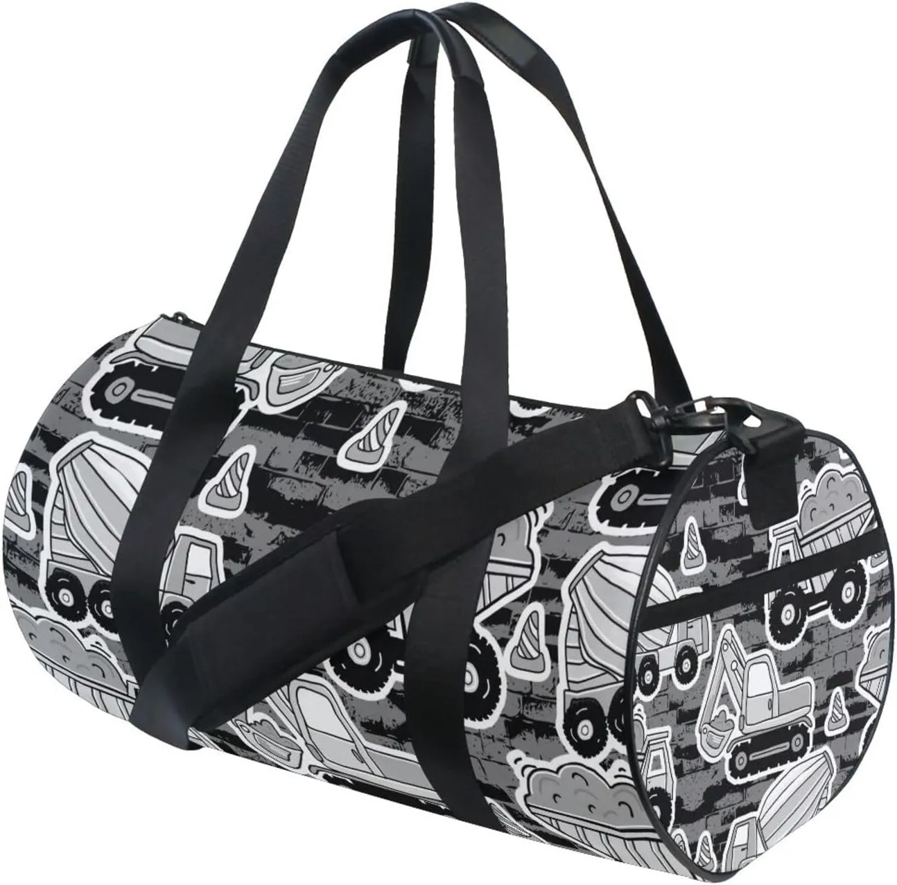 Grey Construction Machinery with Truck Crane and Bulldozer on Grey Duffel Bag, Foldable Canvas Travel Tote for Gym Sports with Inner Pockets, Durable Lightweight Fitness Bag for Overnight Workout