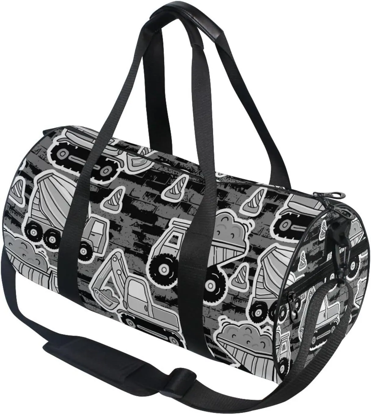 Grey Construction Machinery with Truck Crane and Bulldozer on Grey Duffel Bag, Foldable Canvas Travel Tote for Gym Sports with Inner Pockets, Durable Lightweight Fitness Bag for Overnight Workout