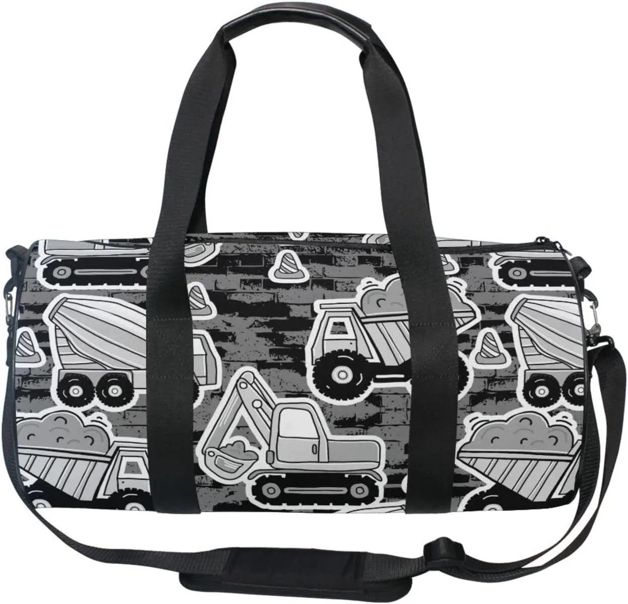 Grey Construction Machinery with Truck Crane and Bulldozer on Grey Duffel Bag, Foldable Canvas Travel Tote for Gym Sports with Inner Pockets, Durable Lightweight Fitness Bag for Overnight Workout