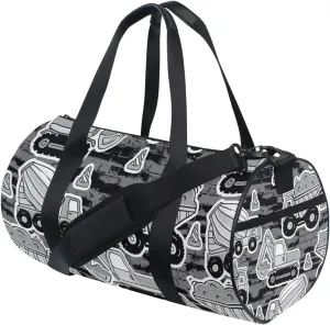 Grey Construction Machinery with Truck Crane and Bulldozer on Grey Duffel Bag, Foldable Canvas Travel Tote for Gym Sports with Inner Pockets, Durable Lightweight Fitness Bag for Overnight Workout