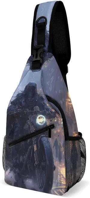 Grim Reaper Riding Motorcycle Goth Crossbody Sling Bag Lightweight Travel Hiking Chest Bag Daypack for Men Women