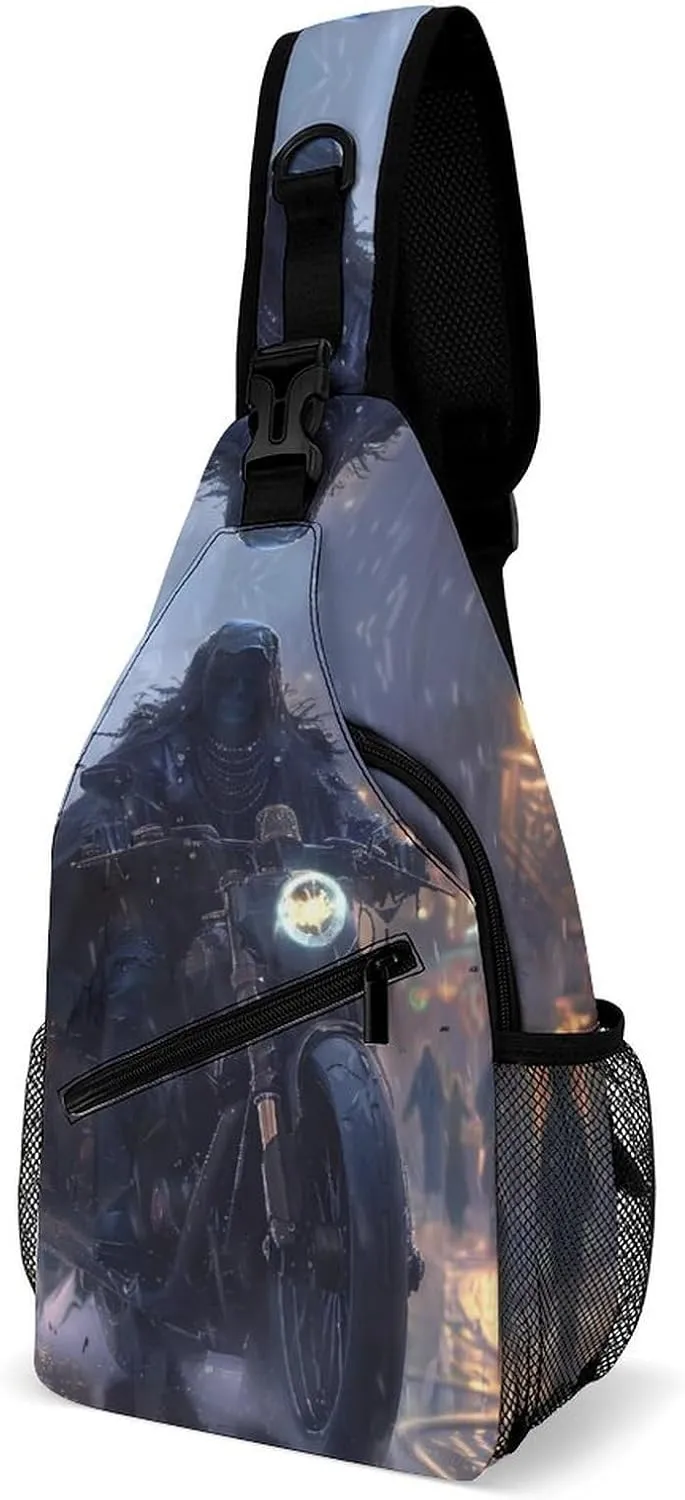 Grim Reaper Riding Motorcycle Goth Crossbody Sling Bag Lightweight Travel Hiking Chest Bag Daypack for Men Women