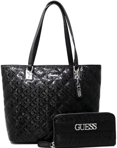 GUESS Women's Logo Embossed Black Tote & Wallet Set