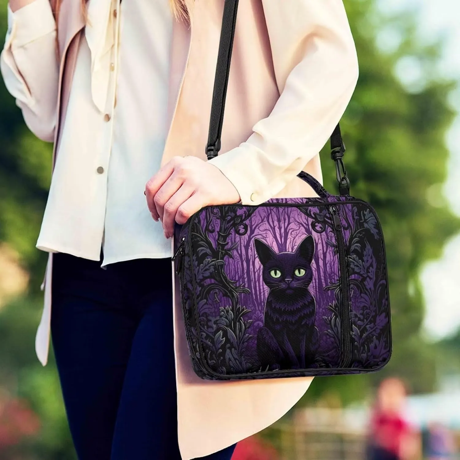 Halloween Cat Bible Cover with Shoulder Strap Carrying Book Case Church Bag Bible Protective Crossbody Messenger Bags for Women Men Holiday Party