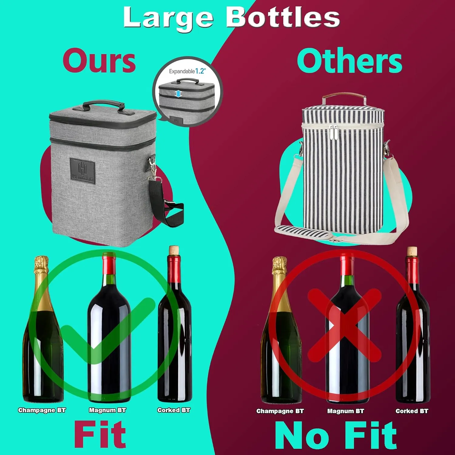 HAMILO 4 Bottle Wine Carrier - Gray, Champagne Carrier Bag, Waterproof Wine Tote Bag with Expandable Zipper and Padded Shoulder, Insulated Wine Bag, Wine Cooler Bag, Wine Accessories Gift for Women