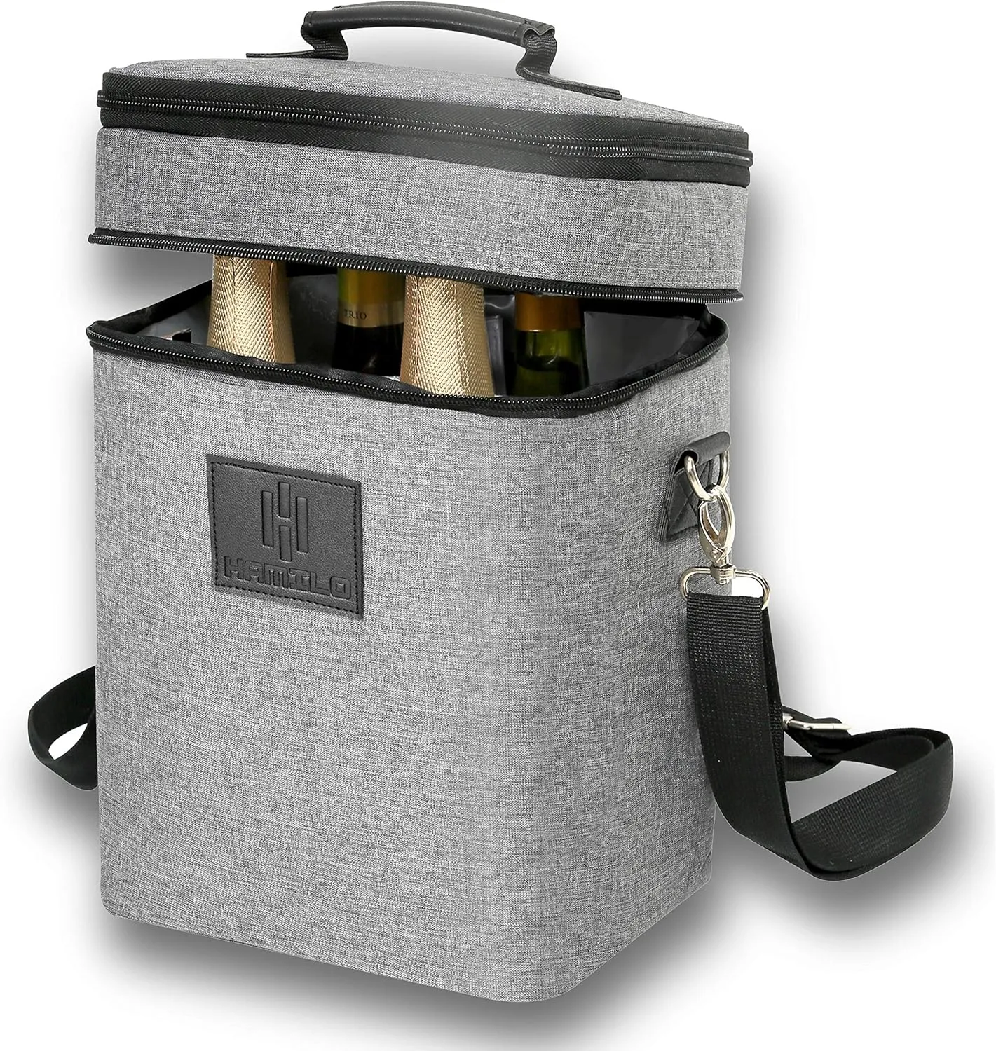 HAMILO 4 Bottle Wine Carrier - Gray, Champagne Carrier Bag, Waterproof Wine Tote Bag with Expandable Zipper and Padded Shoulder, Insulated Wine Bag, Wine Cooler Bag, Wine Accessories Gift for Women